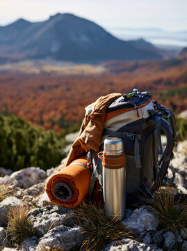 Hiking backpack with thermos and rolled sleeping mat on rocky mountain slope. Camping gear equipment for outdoor adventure and trekking. Autumn travel vacation in nature wilderness landscape.