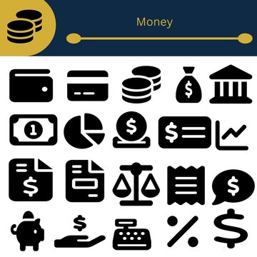 Money and Finance Black Icon Set with Banking Payment and Business Symbols