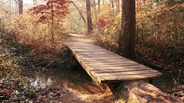 Old wooden bridge over small creek in autumn forest. Rustic footpath through fall woodland with golden and red foliage. Peaceful nature scenery for hiking travel and seasonal background concept