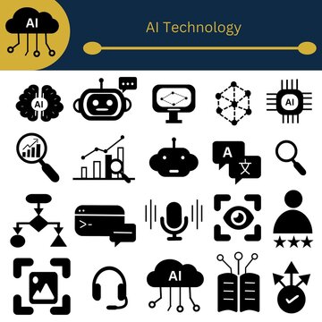 AI Technology Icon Set with Artificial Intelligence, Machine Learning and Robotics Symbols