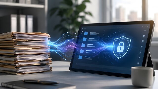 Desk setup showing physical paper documents converting into secure digital files flowing directly into a modern tablet screen protected by a cyber security shield.