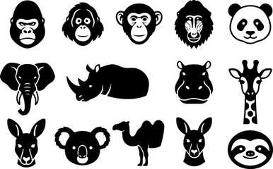 Fototapeta premium Set of exotic zoo animal silhouette icons solid black vector art with animal silhouettes