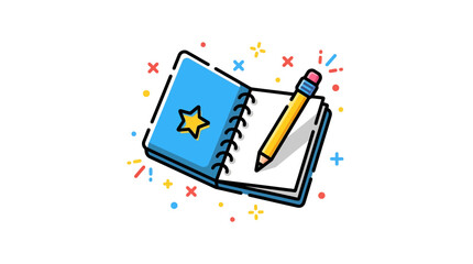 Obraz premium Cute cartoon notebook with pencil vector illustration, spiral notepad with star cover, school education and creative writing concept icon isolated on white background