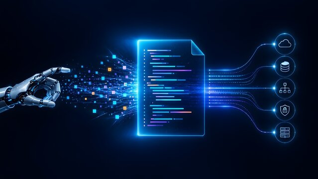 Cyborg robot hand generating digital code document with glowing data particles connecting to secure cloud server networks