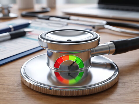 Stethoscope on ledger: clinical audit of balance sheet, income statement, cash flow and solvency ratios.