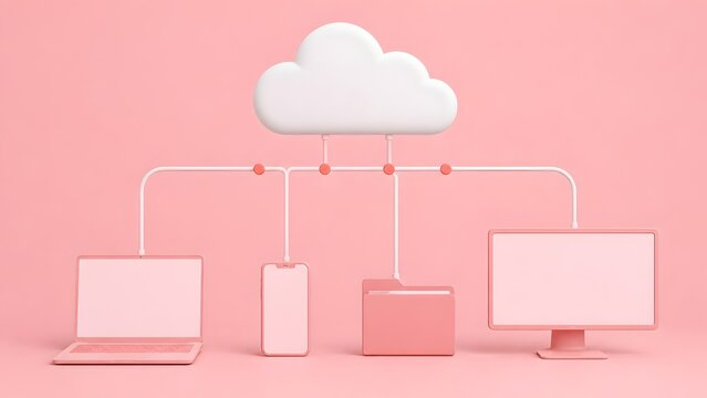 Aesthetic pink cloud computing network connecting laptop phone desktop and folder representing cross device data synchronization