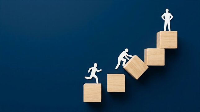Three minimal white figures on descending wooden blocks illustrating career progression team development and overcoming challenges in business