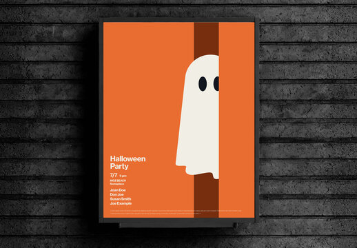 Halloween party poster template with Minimal design cartoon illustration of ghost or monster appearing from behind corner