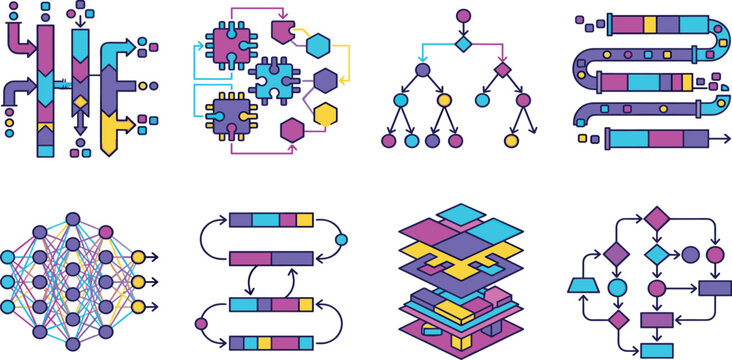 Data science algorithm pipeline flowcharts and machine learning neural network vector icons set