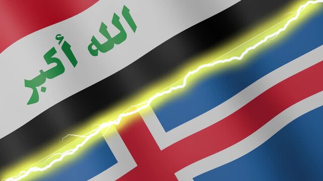 Two waving flags Iraq and Iceland with diagonal lightning seamless, 4k loop