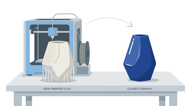 Flat vector illustration of industrial 3D printer producing raw clay pottery beside a finished blue glazed ceramic vase