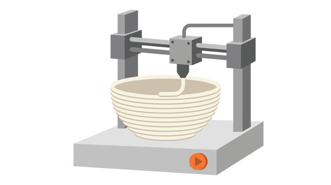Modern industrial 3D printer machine creating a ceramic bowl using additive manufacturing technology in flat vector style