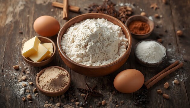 A rustic overhead shot of essential baking ingredients including flour, eggs, butter, sugar, and various spices arranged on a dark wooden table.