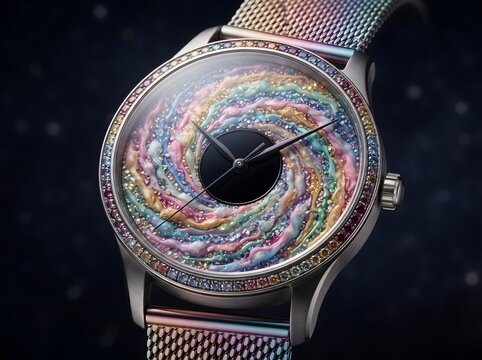 Rainbow galaxy luxury wristwatch with colorful vortex dial and diamond bezel