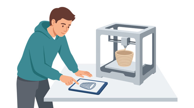 Young male designer operating 3D printer via tablet to create ceramic prototype, modern technology additive manufacturing vector illustration