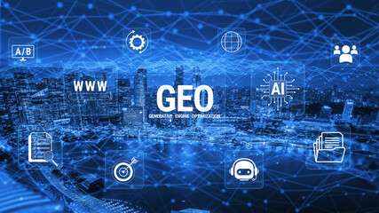 Naklejka premium Conceptual illustration of Generative Engine Optimization with blue cityscape, AI elements, and digital connections showcasing future technology and innovation. Glyphic.