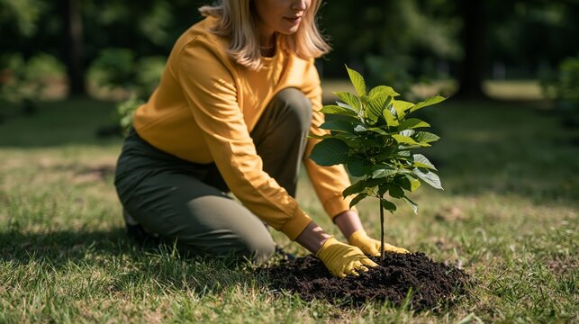 Young woman planting a tree seedling in a park on a sunny day  