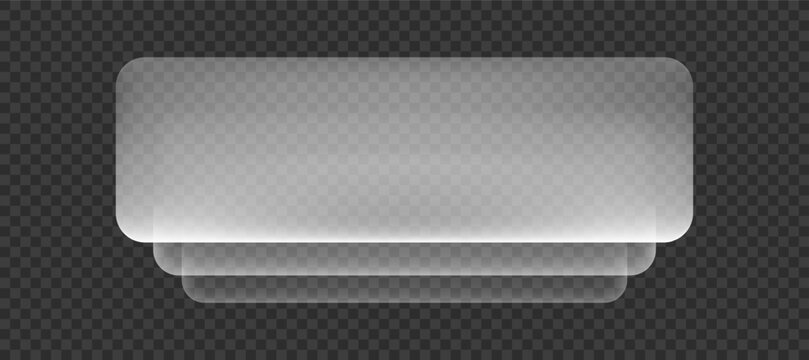 Transparent liquid glass interface panel with layered rounded rectangles, frosted blur and soft shadows, isolated on a dark checkerboard background for modern UI and glassmorphism design