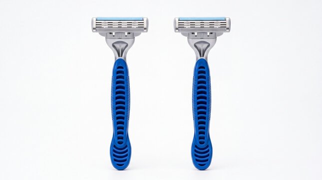 Two reusable plastic shaving razors with blue handles displayed in a symmetrical composition on white background