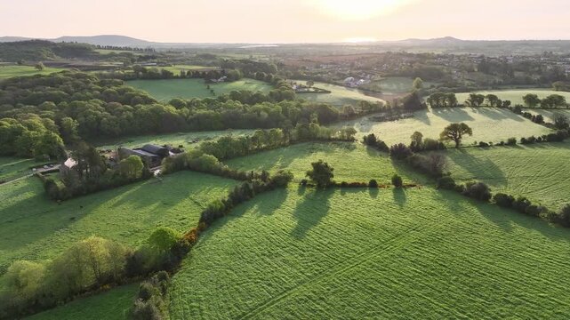 Morning aerial view of Irish landscape with forests, hills, and gently rolling countryside terrain