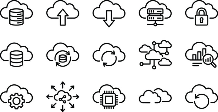 Modern Cloud Computing Icons Set Featuring Data Storage, Security, and Networking