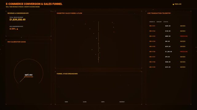 Futuristic E Commerce Sales Funnel and Business Analytics HUD Dashboard