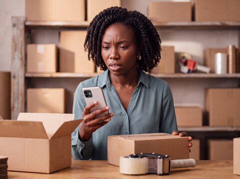 Small business owner checking a suspicious smartphone message in packing studio