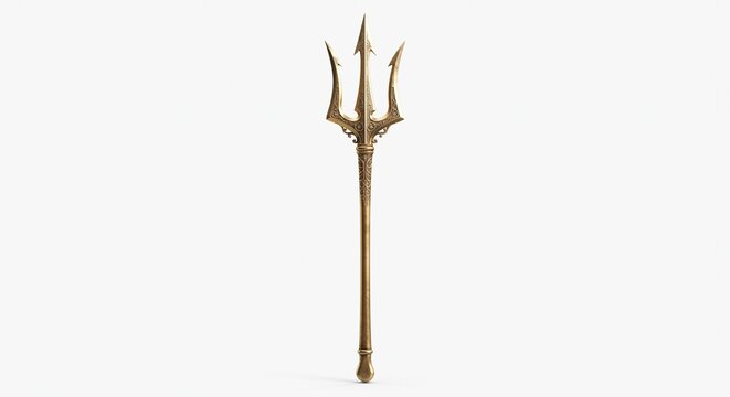 Antique Golden Trident Isolated on White Background