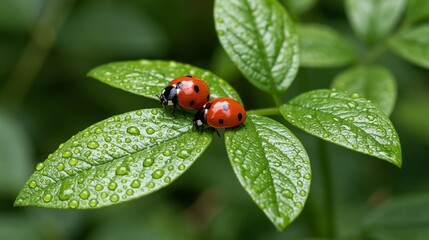 Fototapeta premium Two ladybugs on wet green leaves in a garden 
