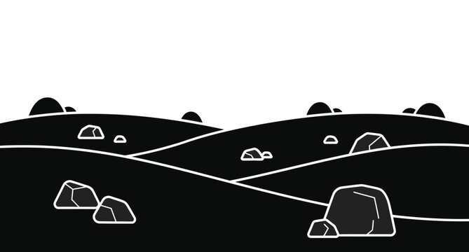 Rolling hills and rocky landscape black and white vector