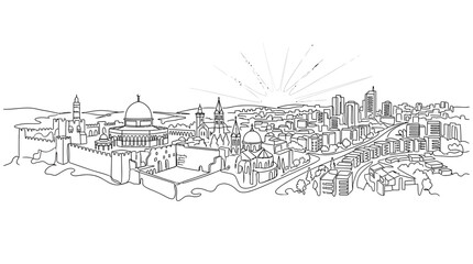 Fototapeta premium Continuous Line Drawing of Ancient Cityscape with Religious Monuments