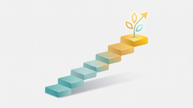 Growth Concept with Isometric Staircase and Plant Arrow Icon on Gradient Steps