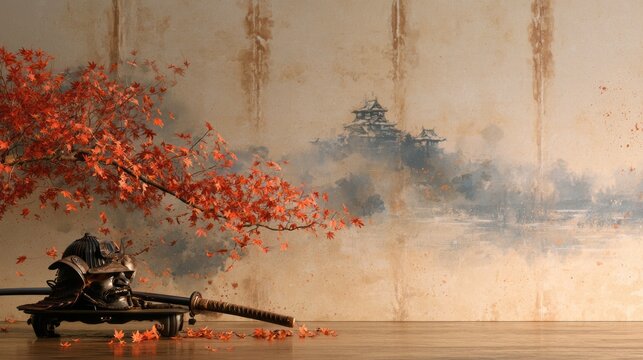 Japanese Samurai Armor and Katana Still Life with Autumn Maple and Distant Castle in Ink-Wash Style. AI generative