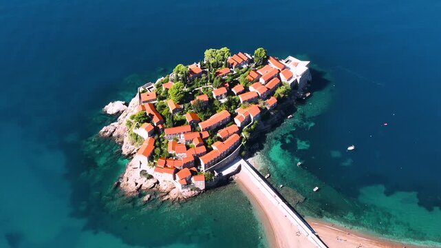 Aerial view of Sveti Stefan, a small island with Mediterranean architecture on the coast of Montenegro