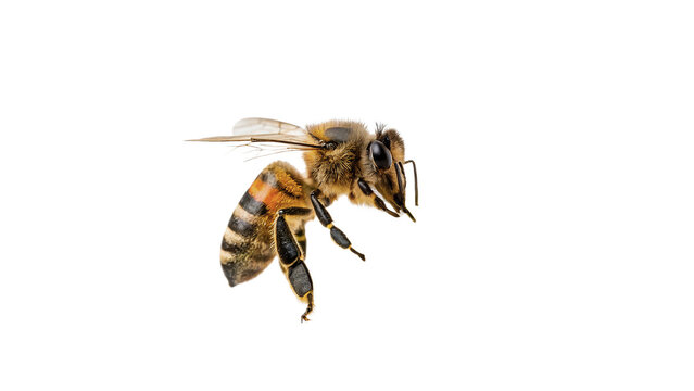 Detailed worker honey bee flying insect isolated on transparent background for wildlife biodiversity honey production.