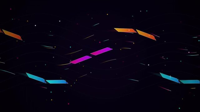Seamless loop featuring a kinetic horizontal neon pink data wave highway. Holographic slabs and energetic stardust float along a cyber warp conduit. Perfect for high-tech promos, music videos, and str