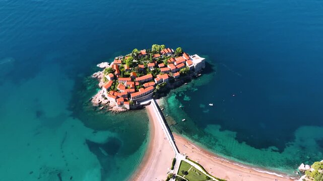 Aerial view of Sveti Stefan, a small island with Mediterranean architecture on the coast of Montenegro