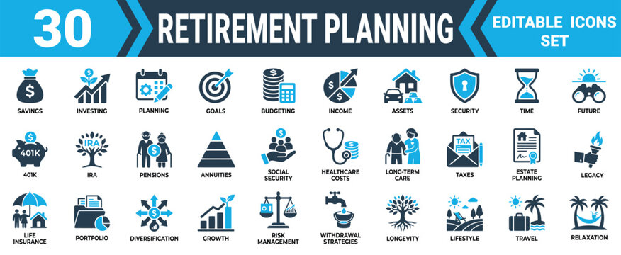 Set of 30 retirement planning icons representing savings investing goals and financial future security concepts Minimal solid fill icon set bundle collection. Editable Vector Illustration Mega pack