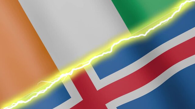Two waving flags Ivory Coast and Iceland with diagonal lightning seamless, 4k loop