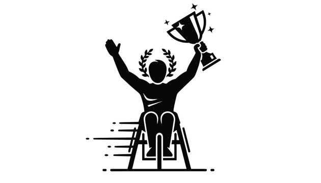 Vector illustration of a wheelchair athlete celebrating with a trophy and wearing a laurel wreath representing parathlete success.