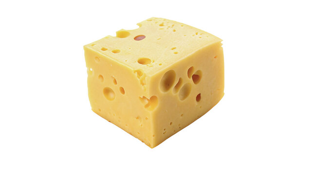 Piece of yellow Swiss cheese with holes isolated on transparent background for traditional dairy product grocery packaging design.