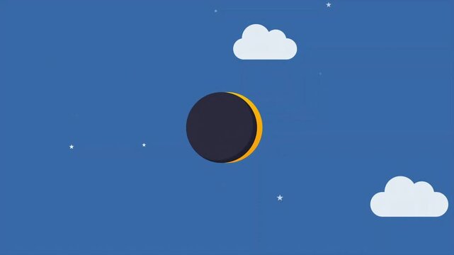 2D animation of solar eclipse simulation with starry and cloudy blue sky background, cartoon style