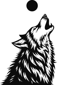 Howling Wolf Illustration. Woodcut Style Vector Graphic. Black and White Engraving Art. Wild Animal Silhouette For Logo