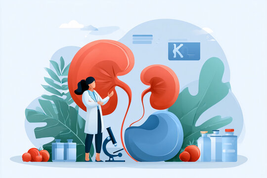 Scientist studies kidney anatomy in laboratory with microscope and medical models