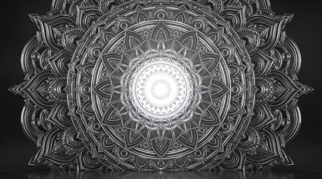 Shiny Silver 3D Mandala with Intricate Geometric Patterns and Bright Glowing Center