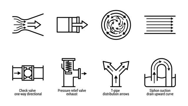 Industrial Flow Diagrams: A collection of technical illustrations depicting various fluid dynamics components and concepts, including a Venturi meter, piston, vortex, parallel flow, check valve.