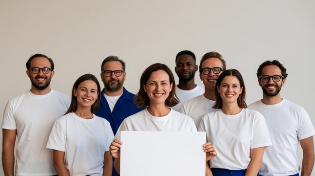 Diverse group of adults holding blank sign and smiling on white background  