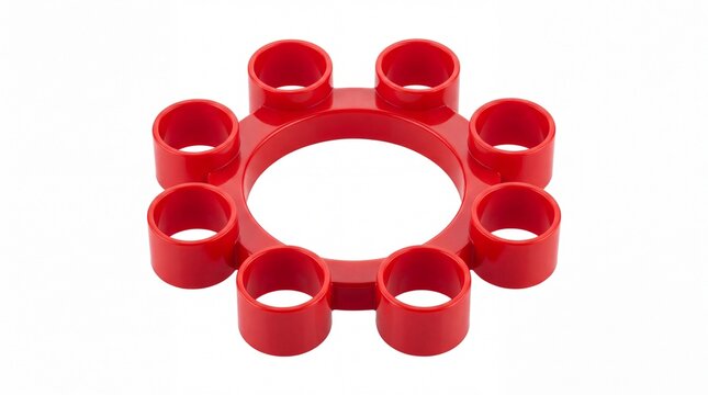 Bright red circular industrial plastic component featuring multiple cylinder sockets arranged in symmetry on white background