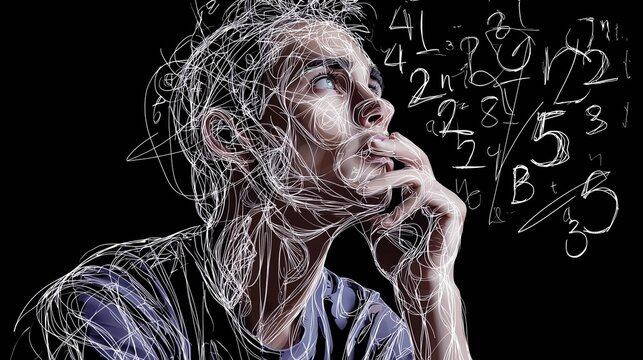 Digital line art of thoughtful man surrounded by floating math numbers and equations