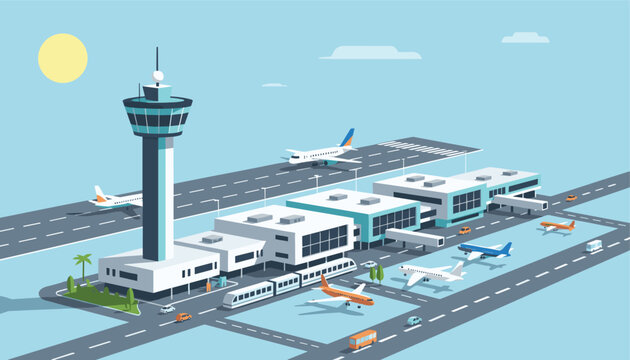 Isometric 3D layout of a modern airport terminal with airplanes parked on the runway and a control tower.
